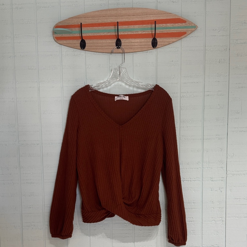 Burnt Orange V-Neck Twist Front Waffle Sweater